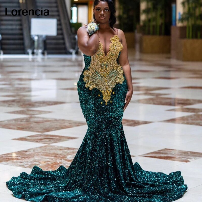 Lorencia Green paillettes Prom Dress African For Blackgirl Gold strass Beaded Formal Party Gala Gown De Soiree YPD110