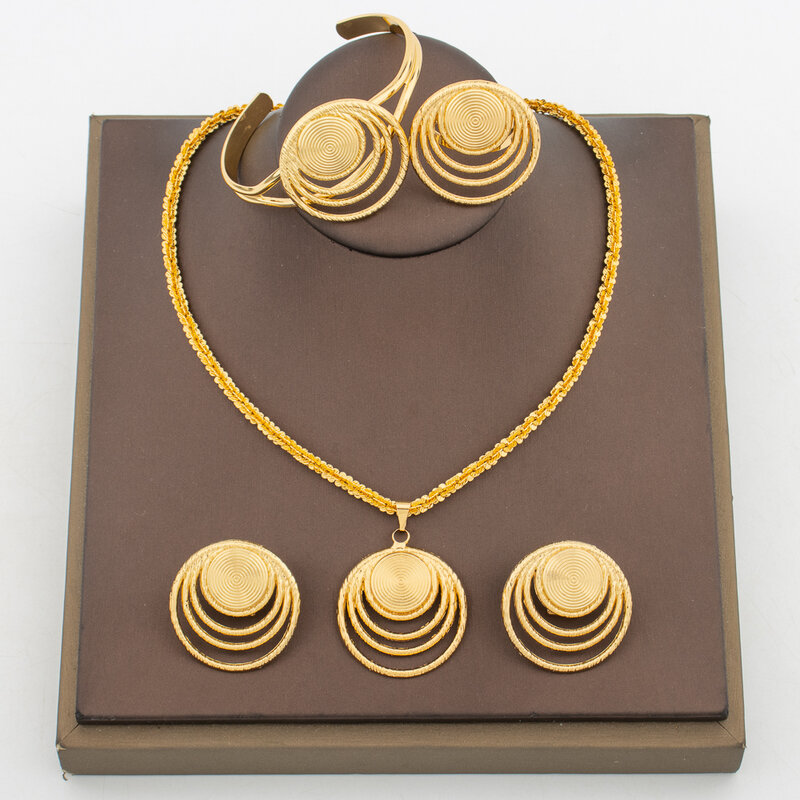 Dubai Set di gioielli Color oro per le donne orecchini e collana anello Bangle 4 pezzi Set per la festa di fidanzamento regali di usura quotidiana