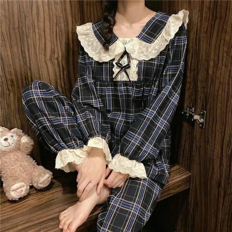 Conjunto de pijama feminino manga longa, pijamas florais, calça vintage, roupa de noite com o pescoço, babado primavera, coreano, casa, 2 peças