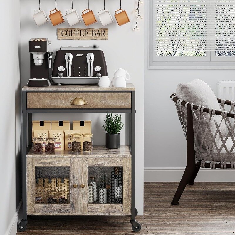 X-cosrack Coffee Bar Cabinet, carrello da caffè da cucina a 3 livelli con cassetto per la casa, tavolo da caffè mobile da fattoria su