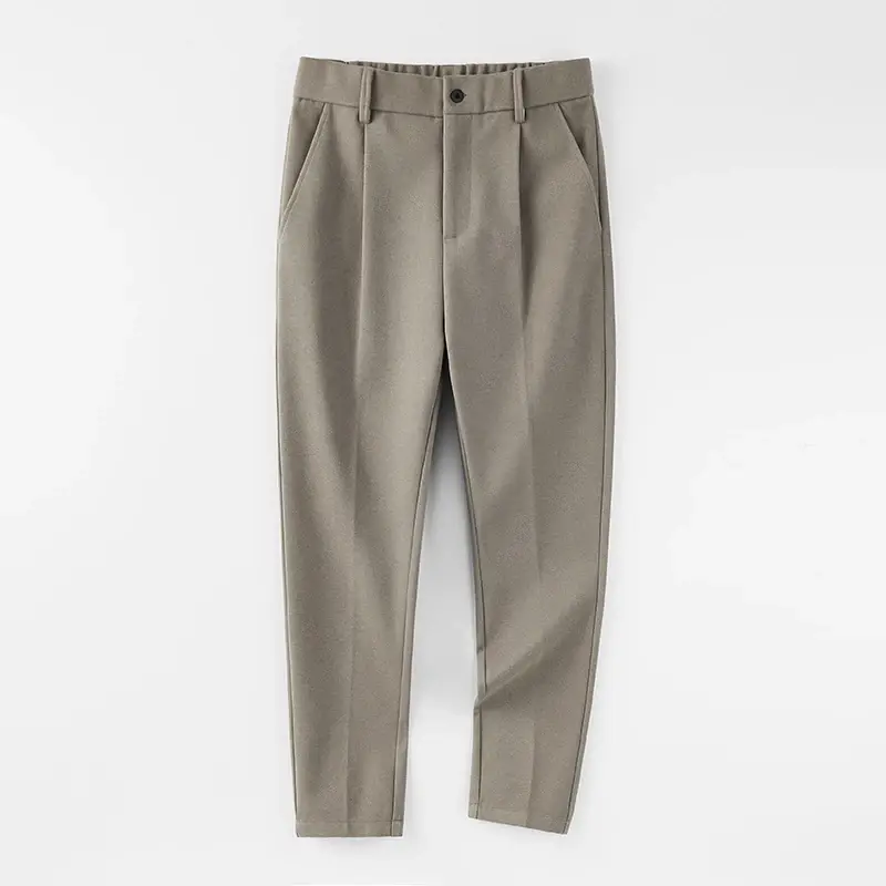2023 Autumn Winter Suit Pants Men Thick Business Elastic Waist Classic Grey Brown Woolen Straight Korean Formal Trousers Male