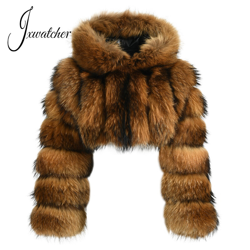 Jxwatcher-abrigo de piel de mapache Real para mujer, chaqueta corta de piel Natural con capucha, mangas completas, prendas de vestir exteriores cálidas, moda de otoño e invierno