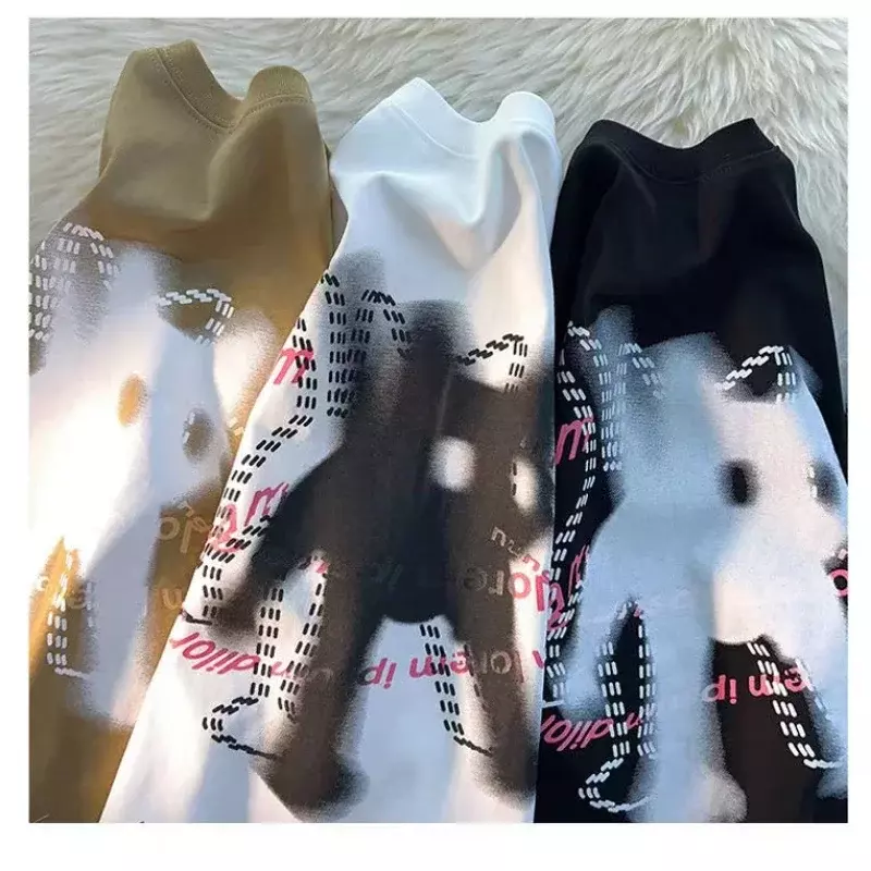 Schattig Kattenprint Ontwerp Met Korte Mouwen En-Hals T-Shirt Vrouwen Ins Modetrendpaar Veelzijdige Y 2K Top Vrouwen T-Shirt