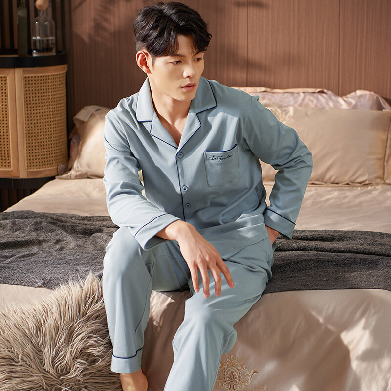 Conjunto de pijamas de algodón puro para hombre, ropa de dormir de manga larga con cuello vuelto, cárdigan con letras, estilo Simple, para el hogar