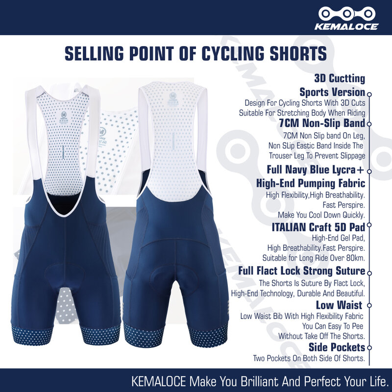 KEMALOCE Men Cycling Bib Shorts Solid Blue&Black 5D Gel Pad Mountain Bike Shorts High End Outdoor Breathable Bike Tight Knicker