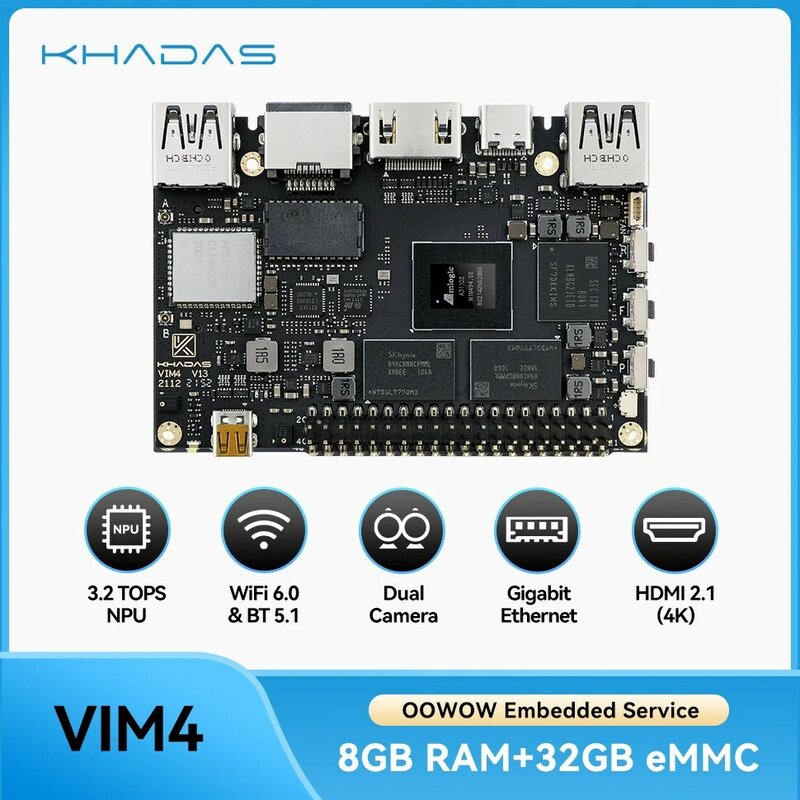 Khadas Single Board Computer, Amlogic A311D2, SBCs com o GPU Mali G52 MP8 8EE, 8GB + 32GB, 3.2TOPS NPU, novo VIM4 SBC 2023
