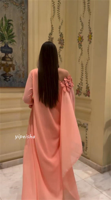 Chiffon Draped Flower Homecoming A-line Off-the-shoulder Bespoke Occasion Gown Long Sleeve Dresses