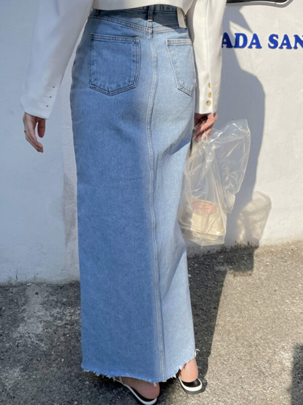 Coreano feminino split vintage azul denim saia bolso cintura alta mid-bezerro saias 2023 verão novo mujer faldas h129
