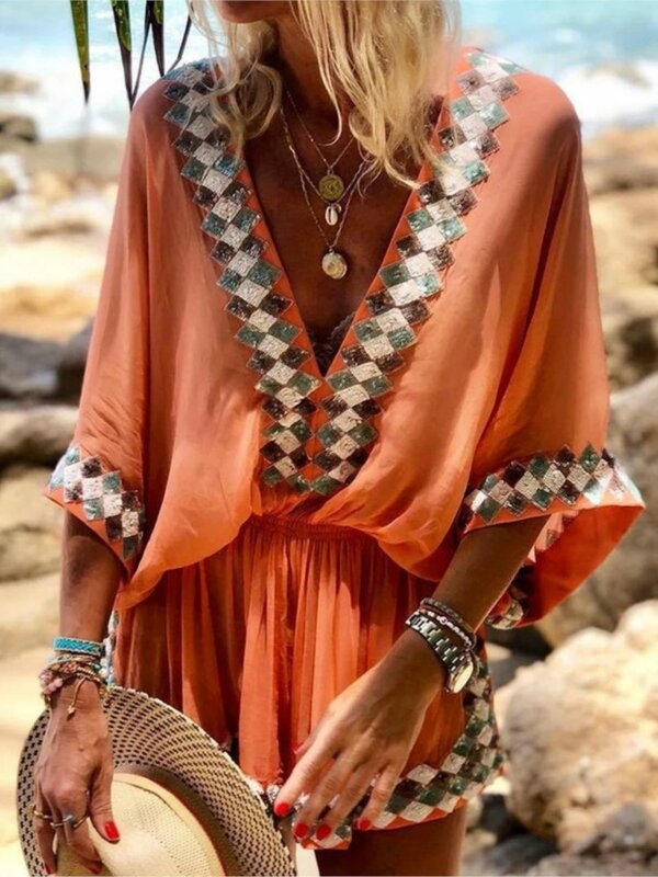 Bohemian Style Jumpsuits Women Sexy V-neck Dolman Sleeved Printed Casual Jumpsuit Shorts Spring Summer New Beach Vacation Femme