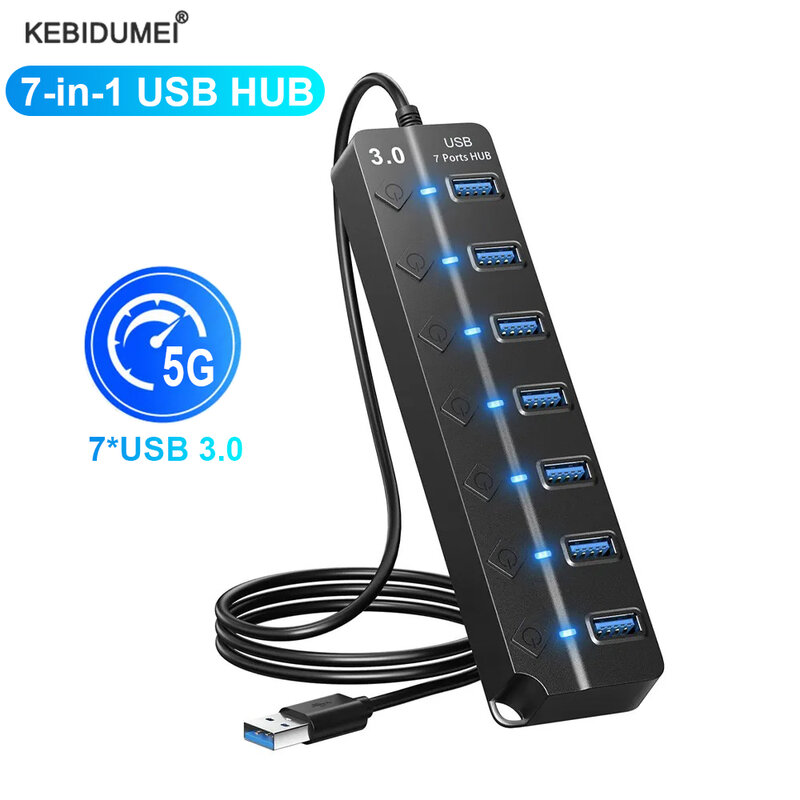 HUB USB 3.0 haute vitesse 7 en 1, 5Gbps, prolongateur de station d'accueil, répartiteur USB avec contrôle de commutation, ordinateur portable Macbook Pro