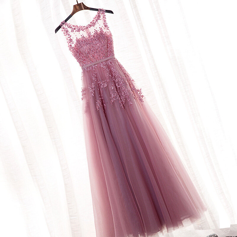 Gaun Pengiring Pengantin Pink Kerah Bulat Gaun Tamu Pernikahan Bergaris Panjang Gaun Tulle Manik-manik Mutiara Vestidos De Fiesta Para Bodas