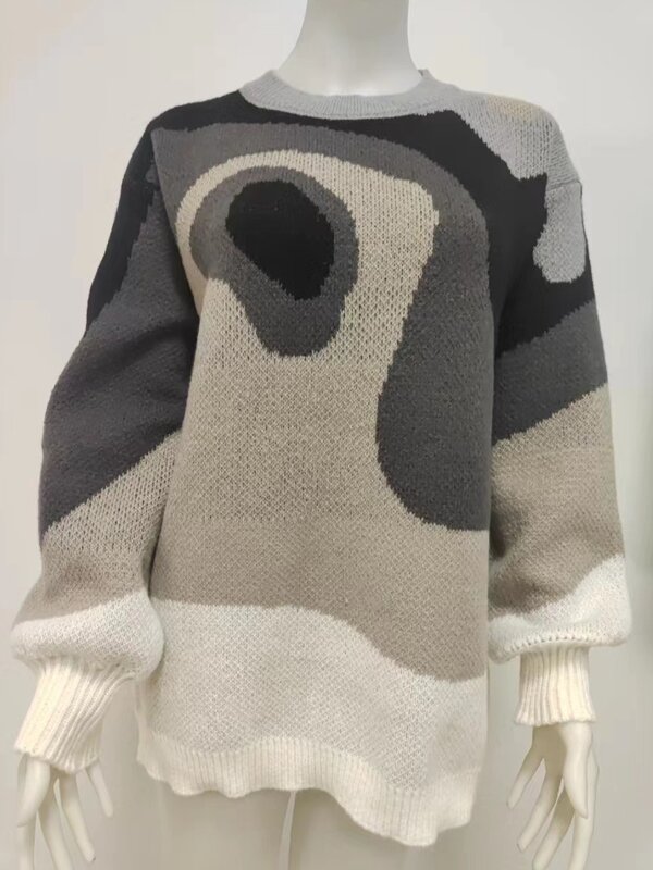 Kontrastowy żakardowy okrągły dekolt dla ciepła i luźny krój, luźny pulower, sweter z długimi rękawami, dzianinowy sweter, jesień i zima