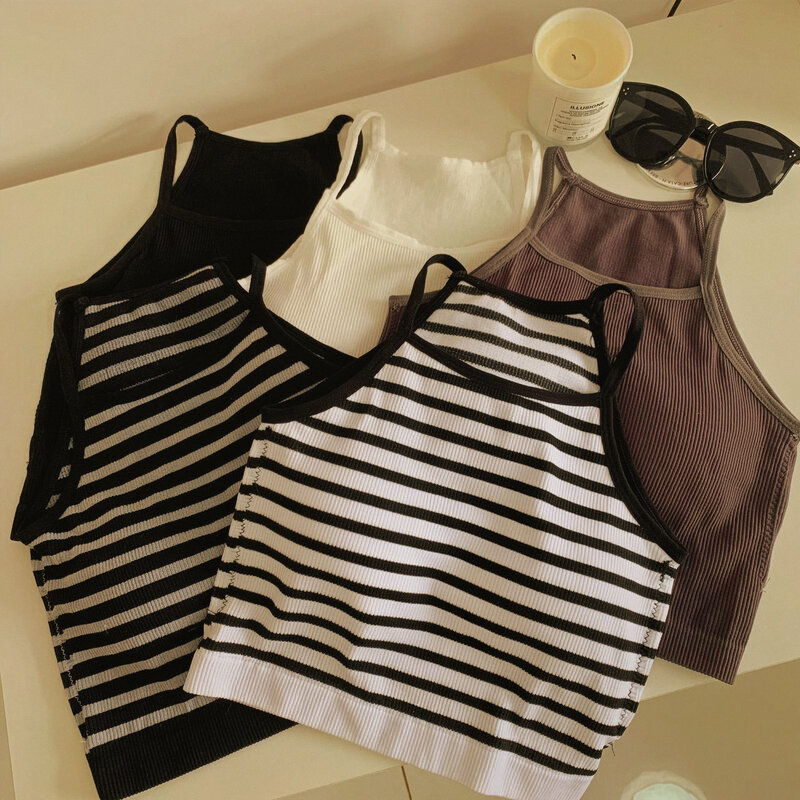 Korean Version Women Tank Tops Thread Solid Casual Fashion Crop Top with Chest Pad Stripe Sleeveless Outer Wear Basic Camisole