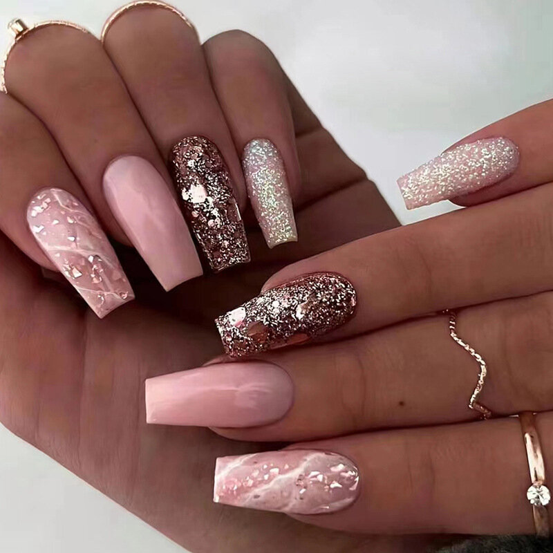 24Pcs bara lunga unghie finte Glitter oro paillettes disegni stampa su copertura completa unghie finte suggerimenti indossabili Manicure accessori d'arte
