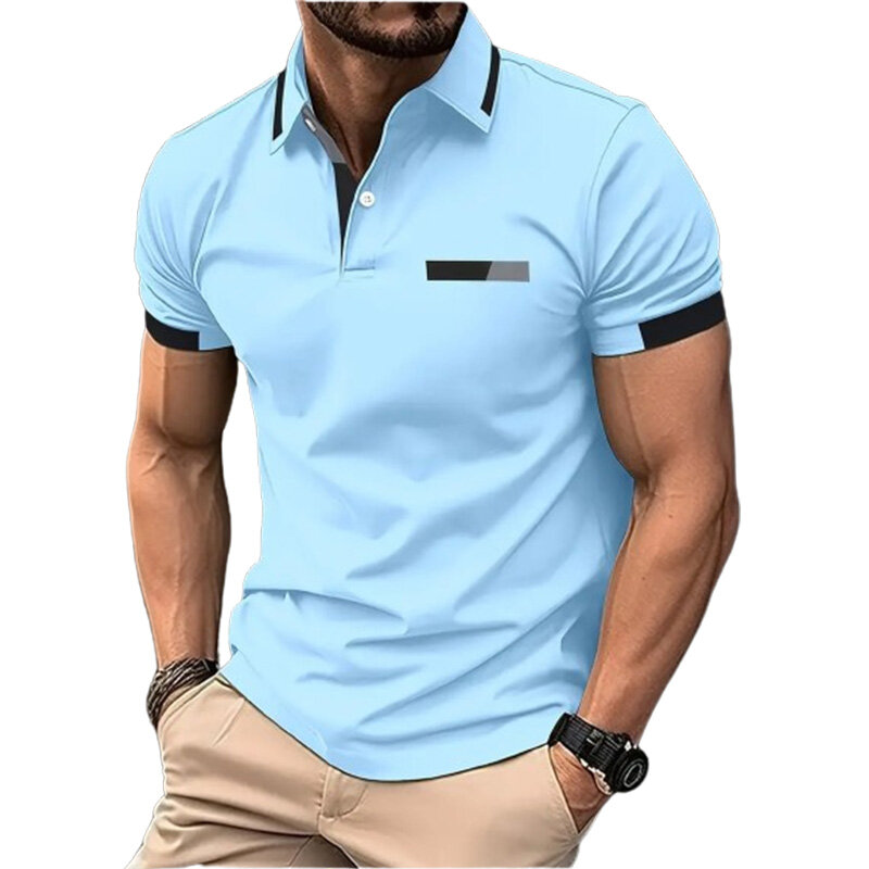 남성용 시크 컬러 블록 반팔 폴로 셔츠, 라펠 스포츠 셔츠, 여름 야외, 남성용 선물