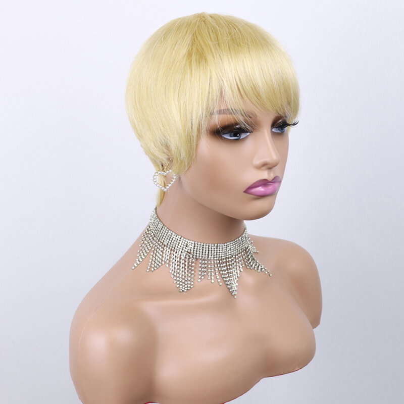 Короткие прямые человеческие парики с челкой для чернокожих женщин, 613 блонд, бразильские натуральные волосы, парик с вырезами фальшивой, 8 дюймов, дешевый безклеевой парик