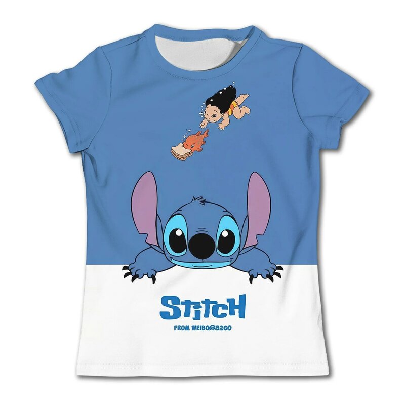 Kaus lengan pendek anak perempuan, atasan kaus olahraga Lembut lengan pendek imut pola Stitch kartun untuk anak laki-laki dan perempuan