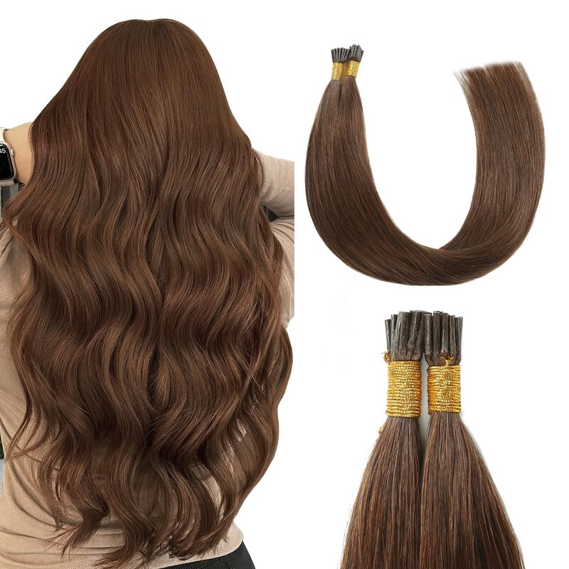 Microlink-extensiones de cabello humano Remy, pelo liso de Punta I, 100 hebras/paquete, marrón Chocolate #4, virgen, Micro bucle