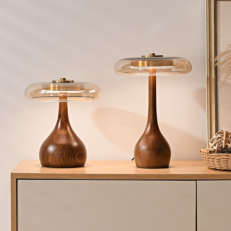 12W Luxury Copper Desktop LED Designer Wood Glass Desk Lamp For Bedside Bedroom Home Art Decorative Mushroom Table Night Light