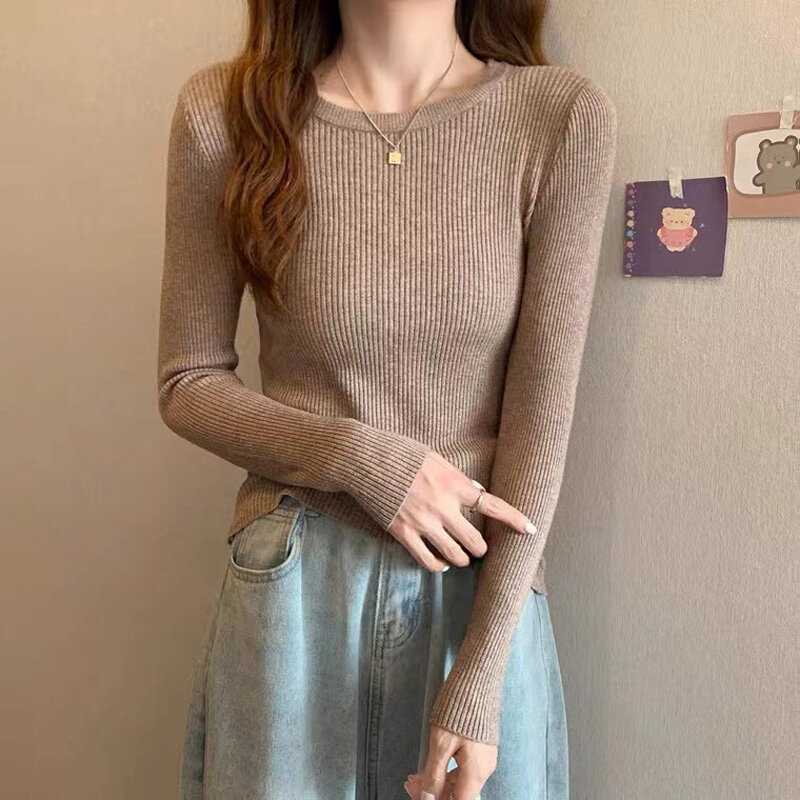 Spring And Autumn Pullover 2022 New Round Neck Slim Fit Long-sleeved Bottoming Knitted Sweater Top Solid Color Sweater Women