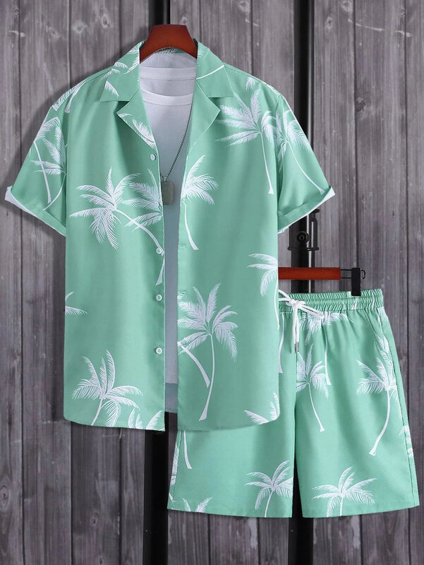 Conjunto de shorts e camisas de praia havaianas masculino, estampa 3D, coqueiro, lapela xadrez, manga curta, streetwear casual, verão