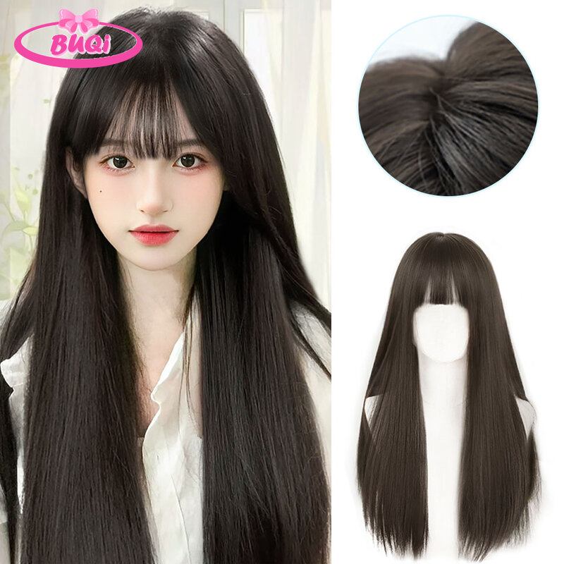 BUQI Long Straight Synthetic Wig with Bangs Dark Black Hair Wigs for Women Cosplay Natural Hair Wigs Party Heat Resistant