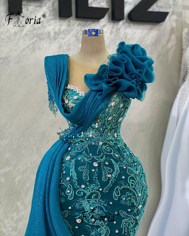 Женское вечернее платье-русалка, Элегантное Длинное фатиновое платье с кружевной аппликацией из бисера, с оборками и кристаллами, для выпускного вечера