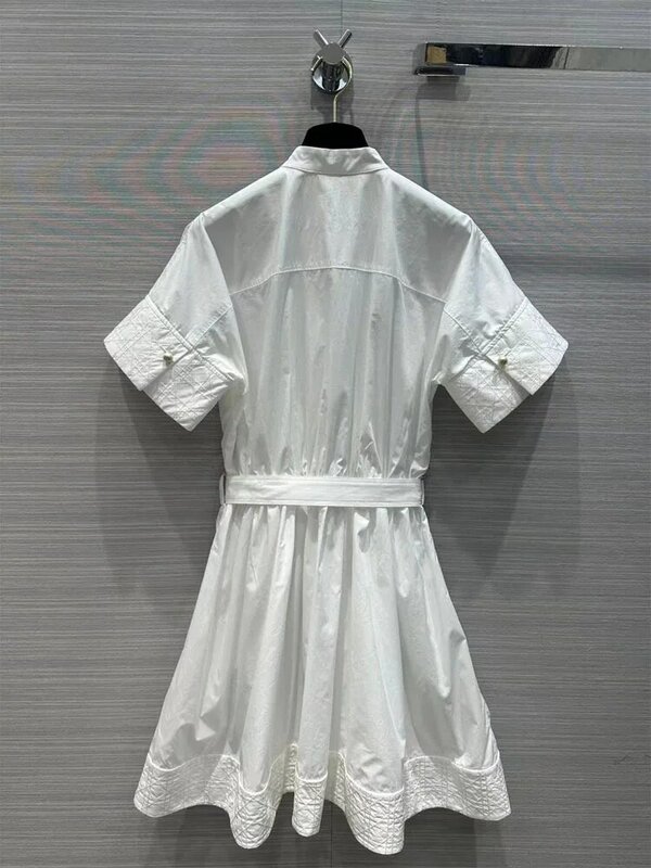 Damen kleid Sommer gürtel Design Langarmhemd Kleid Plaid Stickerei weiße Farbe Rüschen Kragen Puffy Kleider Femme