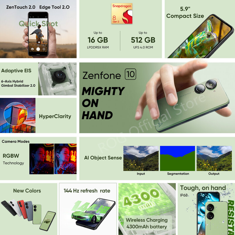 ASUS Zenfone 10 5G 스냅드래곤 8 Gen 2 5.9 인치 144Hz AMOLED 스크린, 4300mAh 배터리, IP68 방수 NFC 글로벌 버전, 2023 신제품