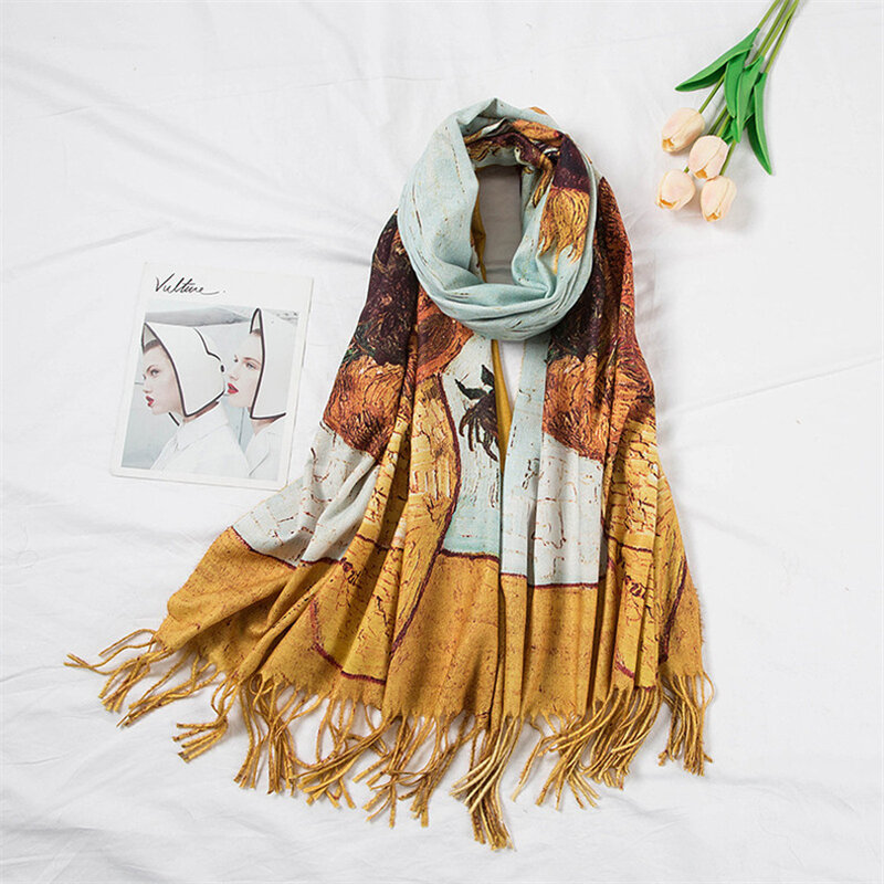 女性のためのレトロなオイルペインティングスカーフ,女性のためのカシミヤスカーフ,大の毛布,柔らかくて暖かいショール,秋と冬