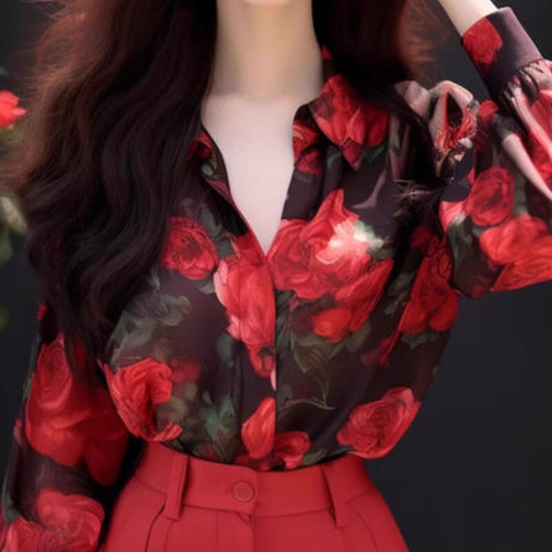 여성 폴로 넥 블라우스, 단추 프린트, 우아한 루즈핏, 올매치 긴팔 셔츠 상의, 한국 통근 패션, 용수철 가을 신상