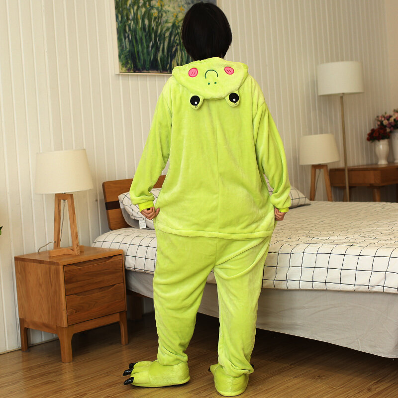 Cute Frog Animal Onesie Pajamas Unisex Adult Kid Flannel Jumpsuits Sleepwear Women Cartoon Halloween Cosplay Costume Homewear