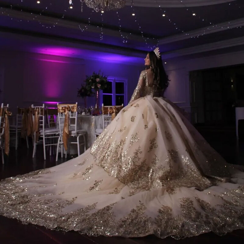 Messico Champagne paillettes abiti da sposa o-collo oro Applique in rilievo Prom Ball Gowns Ruffle Wedding Luxury Sweet Bride Dress 2024