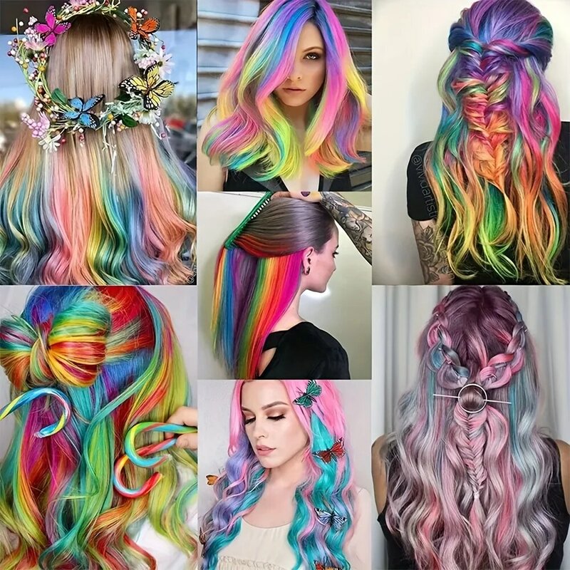 5 buah 22 inci gelombang tubuh keriting klip dalam ekstensi rambut sintetis wig Y2K warna-warni rambut pelangi aksesori rambut cosplay wanita