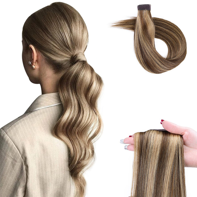 Przedłużanie ogona ludzkich włosów magiczna pasta niewidoczna włosy w koński ogon przedłużanie 14-22 Cal #4/27 ciemnobrązowa podkreślająca karmelową blondynkę