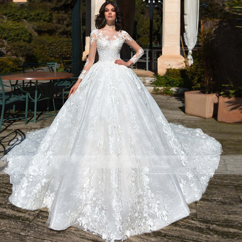 Elegant White Crewneck Tulle Long Sleeve Decal Beaded Bridal Maxi Wedding Dress for Women Cocktail Gown Vestidos De Novia