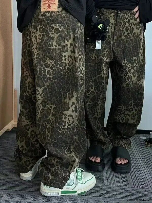 Spring Leopard Jeans Men Denim Pants Male Oversize Wide Leg Trousers Streetwear Hip Hop Vintage Clothes Loose Casual