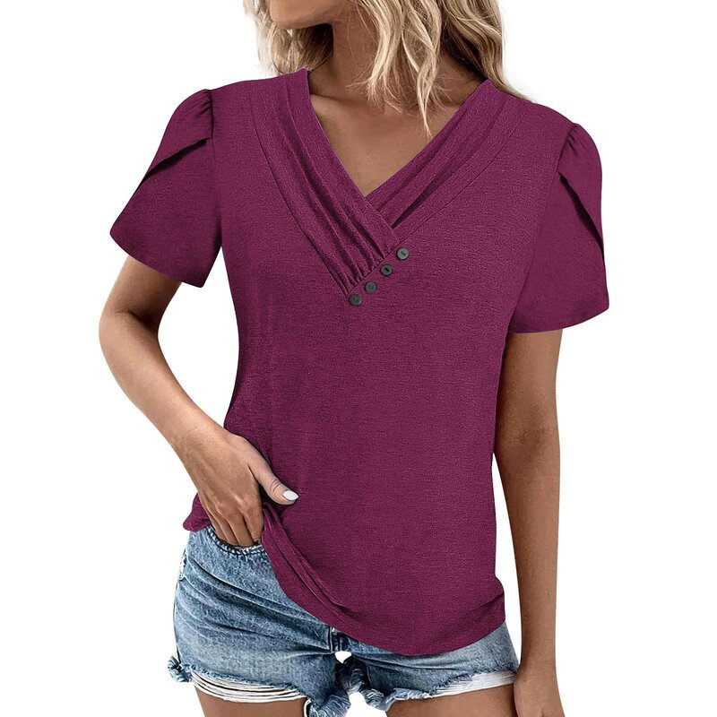 2024 Women's Casual V-Neck Short Sleeve T-Shirt Solid Color Button Top Топы больших размеров plus rozmiar topy 플러스사이즈 상의