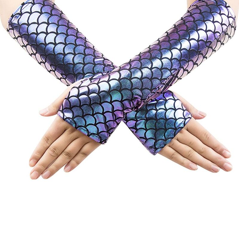 Fish Scale Fingerless Gloves Fashion Colorful Long Cosplay Gloves Arm Sleeves Performance