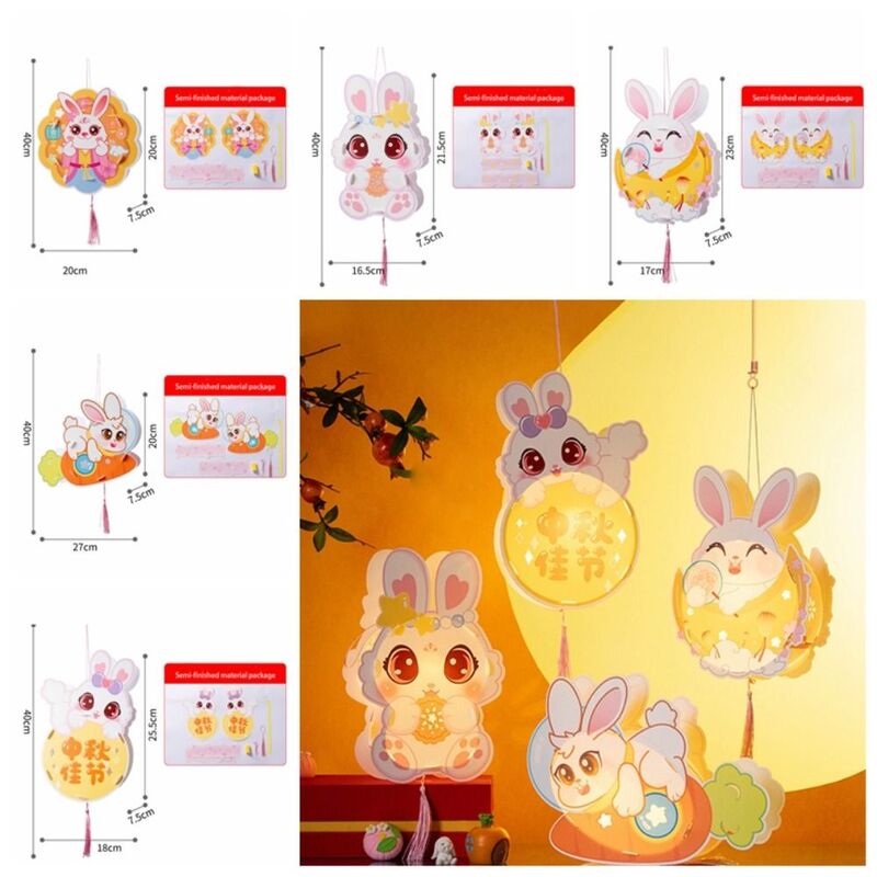 Linterna portátil de conejo de Jade para niños, Kit de Material de linterna de dibujos animados, hecho a mano, decoración de PP, Festival de medio otoño
