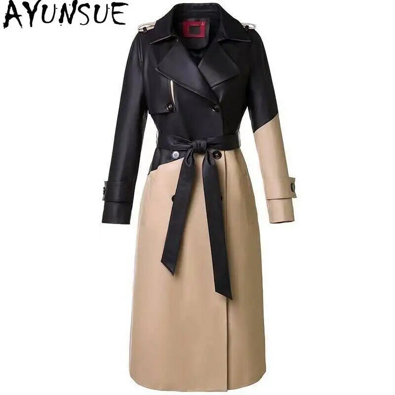 AYUNSUE cappotto in vera pelle di pecora di alta qualità donna 2023 autunno inverno di media lunghezza elegante giacca in vera pelle con lacci Streetwear