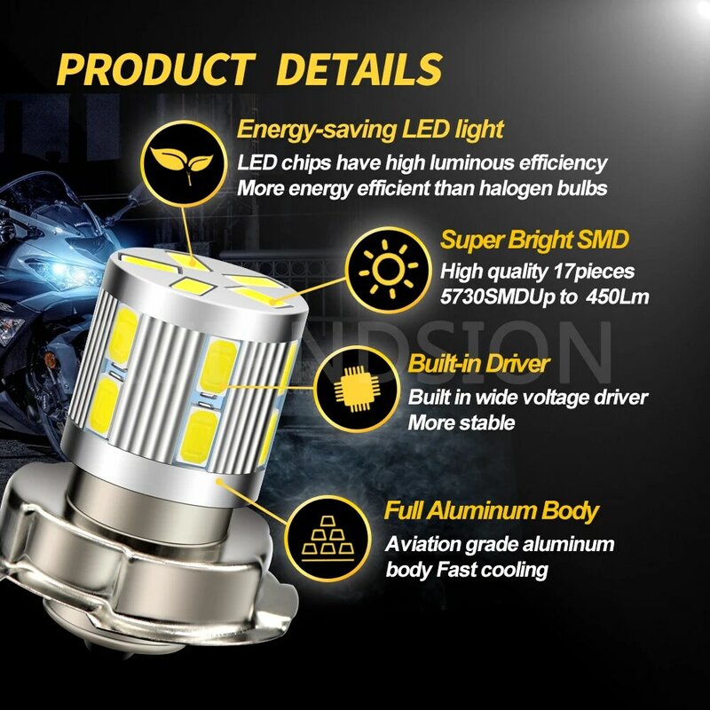 モーターサイクルヘッドライト用3LED電球,1個,6V,12V,24V,4300K,6000K,白色,モーターサイクル用