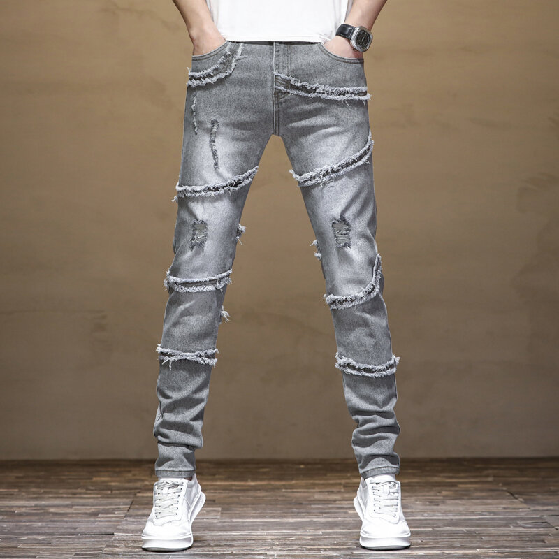 2024New Handsome Ripped Stitching Jeans Men's Slim Fit Stretch Personality Frayed Retro Personality Washed Motorcycle Trousers