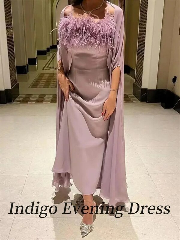 Indigo Evening Dresses Sleeveless Ankle-Length Spaghetti Feathers Shawl Women Formal Occasion Party Dress 2024 فساتين السهرة