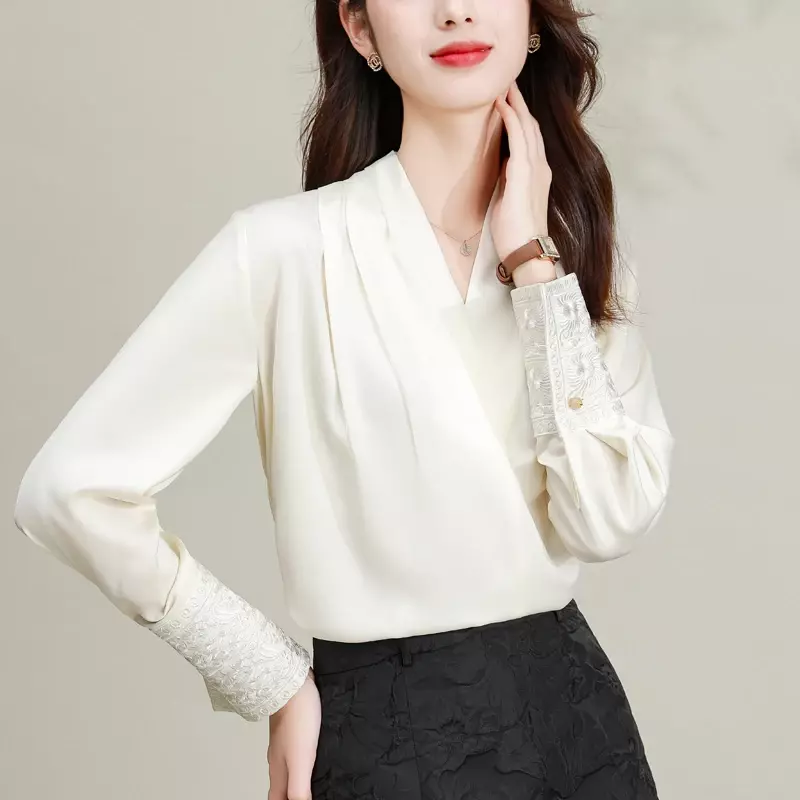 Satin hemd im chinesischen Stil für Frauen, Vintage-Seiden blusen, feste Kleidung, lose, Frühlings-, Sommer-und Damen oberteile mit V-Ausschnitt