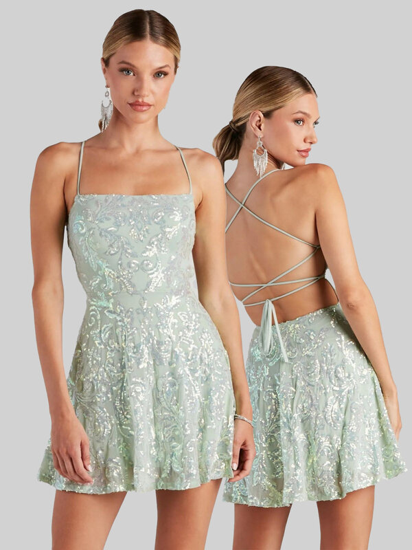 Женское сексуальное платье, зеленое платье на день рождения с блестками и открытой спиной, цельное платье без рукавов, модное блестящее женское платье для ночного клуба и выпускного вечера