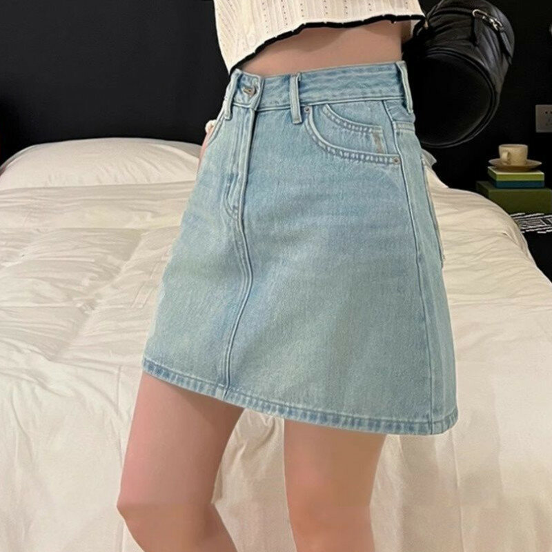 Denim Short Skirt 2024 Summer New Half Skirt Korean Version Slim and Versatile High Waist Light Blue A-line Wrapped Hip Skirt
