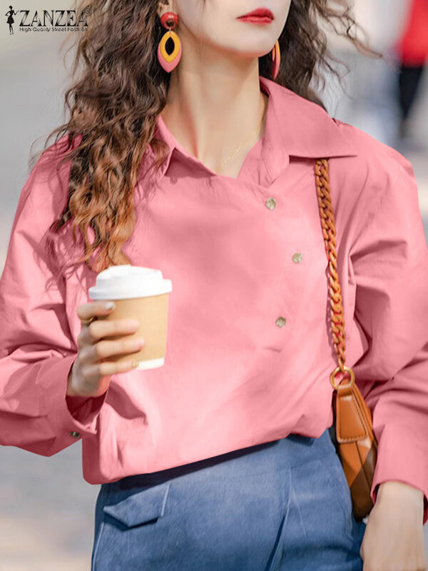 ZANZEA-camisetas de manga larga para mujer, blusas informales holgadas con cuello de solapa, de Color liso, a la moda, 2024