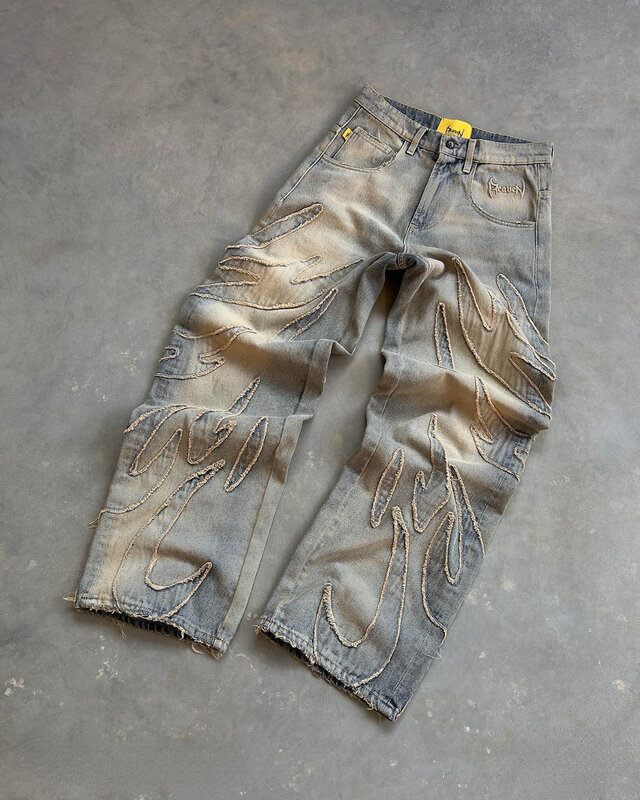 Y2k Retro Street Raw Edge ricamo Jeans strappati larghi uomo Hip Hop Pattern Patchwork Wash Denim pantaloni donna Streetwear abbigliamento