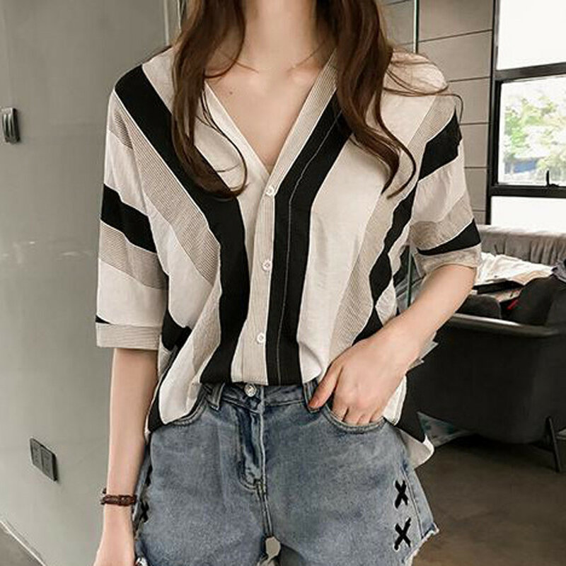 Blusas listradas casuais coreanas para mulheres, oversize, meia manga longa, patchwork, botão, solto, roupas de verão